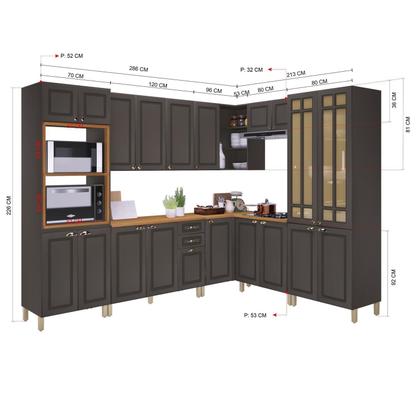 Imagem de Cozinha Americana Modulada de Canto Reto Torre Quente Cristaleira com Vidro Reflecta Balcão 120cm para Pia com Tampo Completa 8 Peças Paris