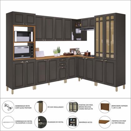 Imagem de Cozinha Americana Modulada de Canto Reto Torre Quente Cristaleira com Vidro Reflecta Balcão 120cm para Pia com Tampo Completa 8 Peças Paris