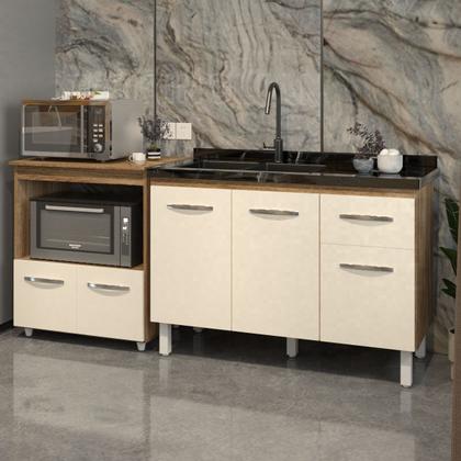 Imagem de Cozinha Armário Balcão Gabinete de Pia Aline 120 cm e Balcão Amanda para Microondas e Forno Elétrico Savana Off White