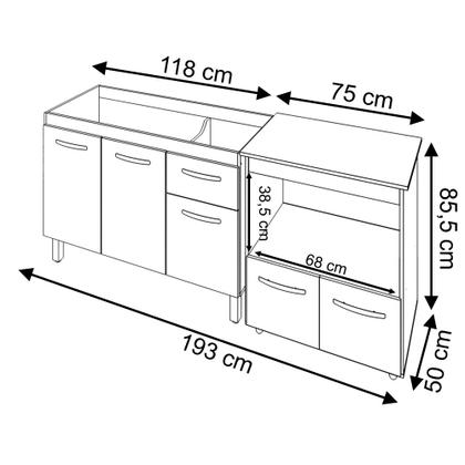 Imagem de Cozinha Armário Balcão Gabinete de Pia Aline 120 cm e Balcão Amanda para Microondas e Forno Elétrico Savana Off White