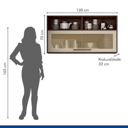 Imagem de Cozinha com Balcão 120cm 3 Portas 2 Gavetas e Armário Aéreo 120cm com Vidro e 1 Paneleiro Salvador Chocolate/Off White