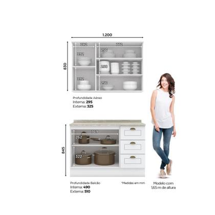 Imagem de Cozinha Compacta 120cm Americana com Tampo 2 peças 5 Portas 3 Gavetas Henn - Branco HP Fosco