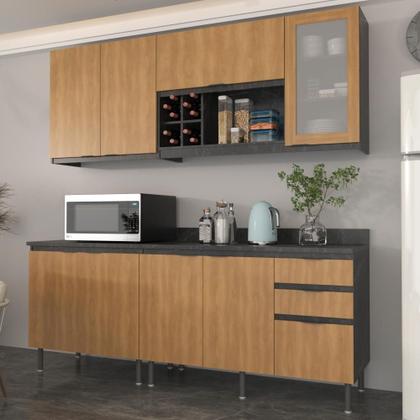 Imagem de Cozinha Compacta com Armário e Balcão Tecnomobili Azaleia CZ1200 200cm Mármore Lunar/Freijó