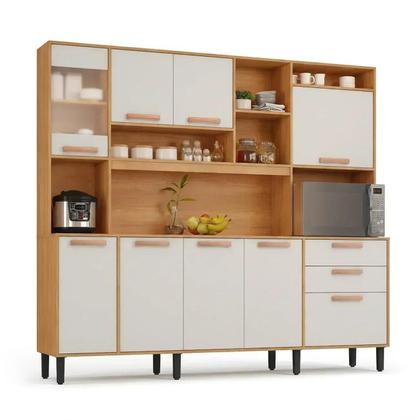 Imagem de Cozinha Compacta com Tampo e Nicho para Micro-Ondas 220cm Nápoles Itatiaia Marrom Cinamomo/Off White