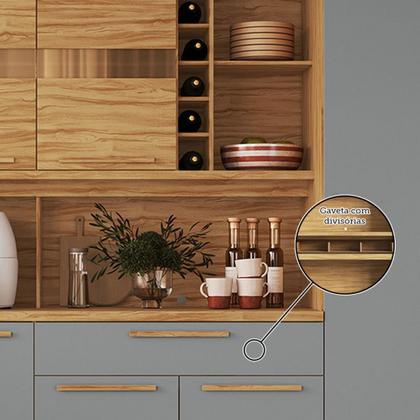 Imagem de Cozinha Compacta Touriga 6 Portas 1 Gaveta 100% Mdf com Vidro Amêndoa/Cinza - Rio Doce