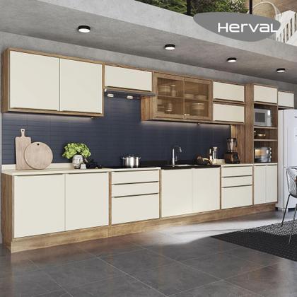 Imagem de Cozinha Completa 100% MDF Modular Édez Une, 15 Portas 6 Gavetas e Tampo, Off White e Louro Freijó