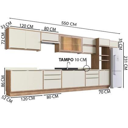 Imagem de Cozinha Completa 100% MDF Modular Édez Une, 15 Portas 6 Gavetas e Tampo, Off White e Louro Freijó