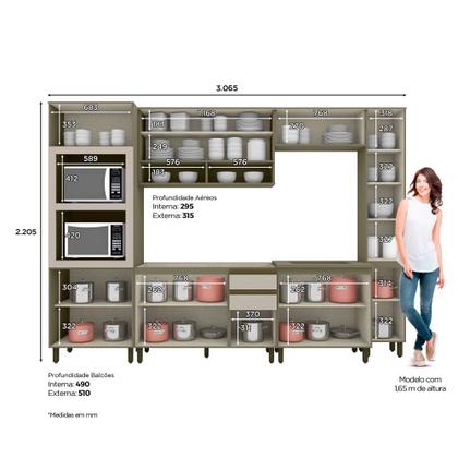 Imagem de Cozinha Completa 306,5cm 6 Peças com Torre Quente e Paneleiro 12 Portas 2 Gavetas Connect Henn - Duna/Cristal