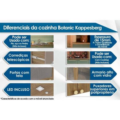 Imagem de Cozinha Completa Botanic 5 Peças (2 Armários + 1 Balcão + 1 Paneleiro + 1 Complemento) M654 Nogueira/Verde Oliva - Kappesberg