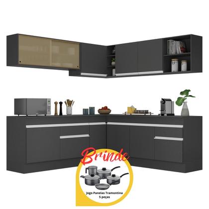 Imagem de Cozinha Completa Canto Veneza MP2096 Multimóveis Preto Branco Brinde Jogo de Panelas Tramontina