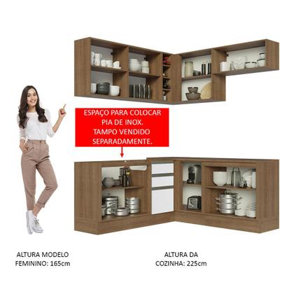 Imagem de Cozinha Completa de Canto Madesa Glamy 349003 com Armário e Balcão (Sem Tampo e Pia) - Rustic/Branco