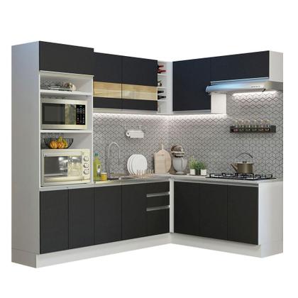 Imagem de Cozinha Completa de Canto Madesa Glamy 419001 com Armário e Balcão (Sem Tampo e Pia) - Branco/Preto