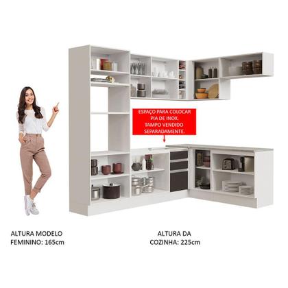 Imagem de Cozinha Completa de Canto Madesa Glamy 419001 com Armário e Balcão (Sem Tampo e Pia) - Branco/Preto