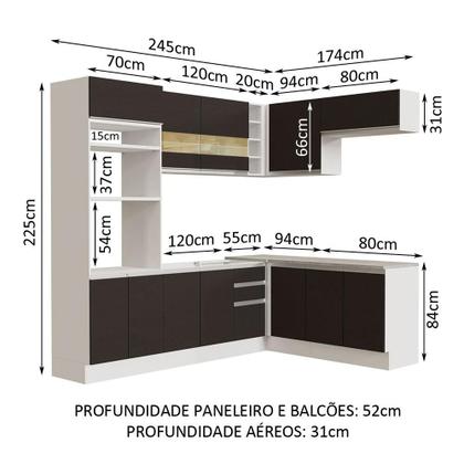 Imagem de Cozinha Completa de Canto Madesa Glamy 419001 com Armário e Balcão (Sem Tampo e Pia) - Branco/Preto