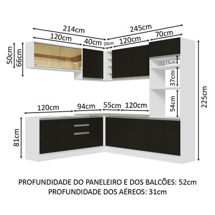 Imagem de Cozinha Completa de Canto Madesa Glamy 459001 com Armário e Balcão (Sem Tampo e Pia) - Branco/Preto