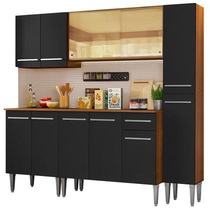 Imagem de Cozinha Completa Madesa Emilly West com Balcão, Armário Vidro Reflex e Paneleiro - Rustic/Preto