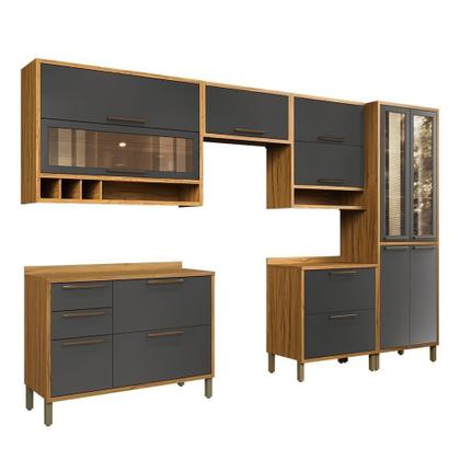 Imagem de Cozinha Completa Modulada 100% MDF 6 Peças 12 Portas 4 Gavetas e Vidro 354cm Vicenza Espresso Móveis Amêndoa/Chumbo