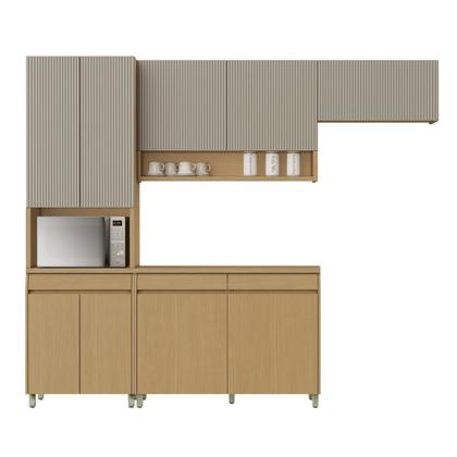 Imagem de Cozinha Completa Modulada 4 Peças 9 Portas 3 Gavetas Simone Mendes 270cm 100% MDF Cinza/Carvalho/Greige
