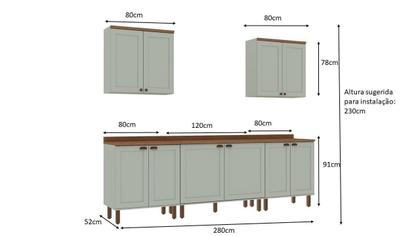 Imagem de Cozinha Completa Modulada 5 Peças 100% MDF 2 Armários Aéreos e 3 Balcões com Tampo Iluminata Verde Mint e Ébano