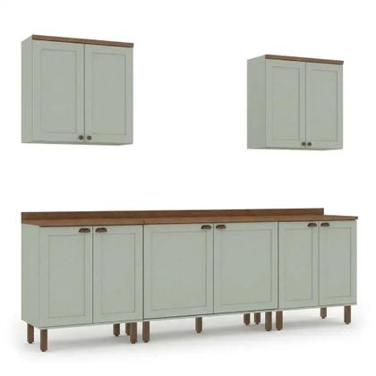 Imagem de Cozinha Completa Modulada 5 Peças 100% MDF 2 Armários Aéreos e 3 Balcões com Tampo Iluminata Verde Mint e Ébano
