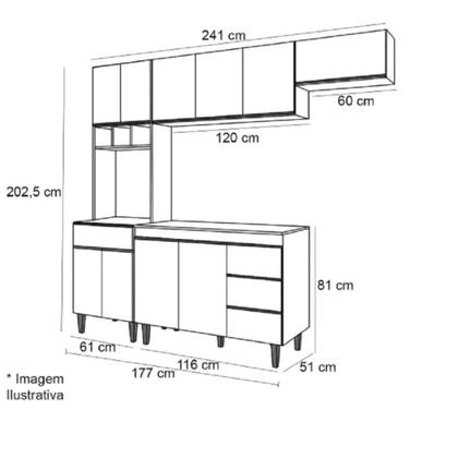 Imagem de Cozinha Completa Modulada 5 Peças Andréia 240cm Com Tampo Amendoa/Preto AJL Móveis