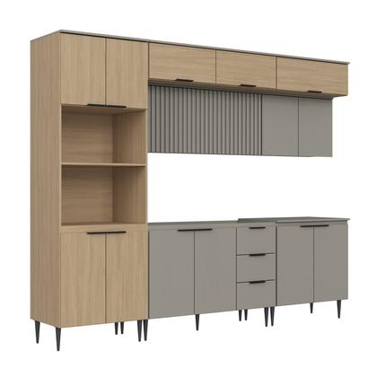Imagem de Cozinha Completa Modulada 7 Peças com Torre Quente e Porta Ripada Lavínia Bege/Imperial/Fumê