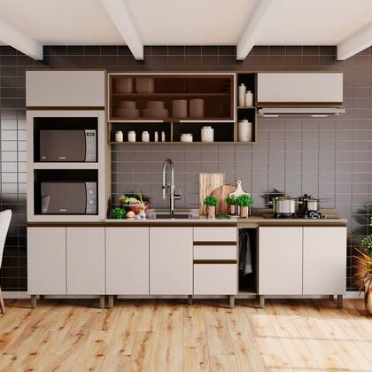 Imagem de Cozinha Completa Modulada com Vidro 7 Peças 12 Portas 100% MDF Aurora Espresso Móveis Cinza/Duna/Cristal