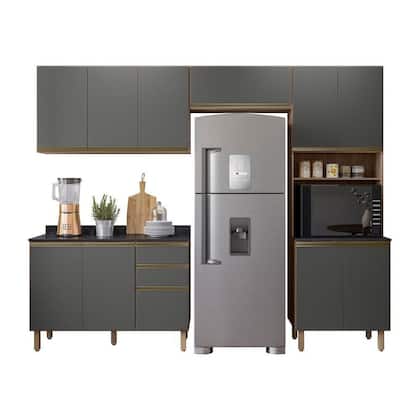 Imagem de Cozinha Completa Modulada Paneleiro Microondas 4 Peças 100% MDF Angelita Cinza/Carvalho Tok/Chumbo