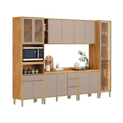 Imagem de Cozinha Completa Plena 13 Portas 4 Gavetas com Vidro Reflecta e Led Cinamon/Nude Prime Tx - Demóbile