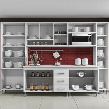Imagem de Cozinha completa predilleta clara modulada 6 peças 295 cm 15 portas 3 gavetas com tampo branco