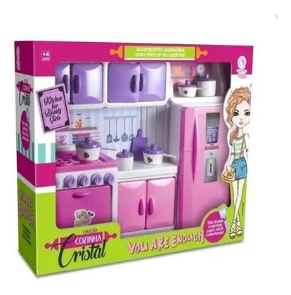 Imagem de Cozinha Cristal Rosa Infantil Geladeira Fogão Completa 45cm Lua