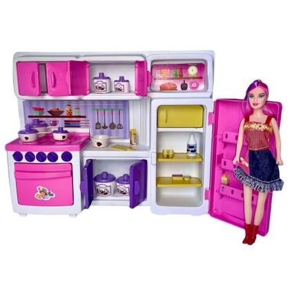 Imagem de Cozinha Infantil Brinquedo Completa Grande Rosa com Boneca - Lua de Cristal