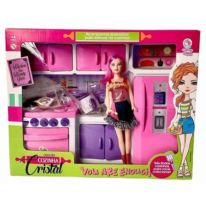 Imagem de Cozinha Infantil Brinquedo Completa Grande Rosa com Boneca - Lua de Cristal