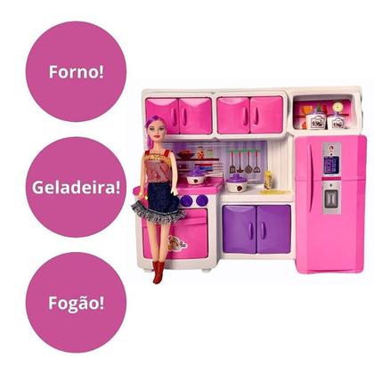 Imagem de Cozinha Infantil Brinquedo Completa Grande Rosa com Boneca - Lua de Cristal