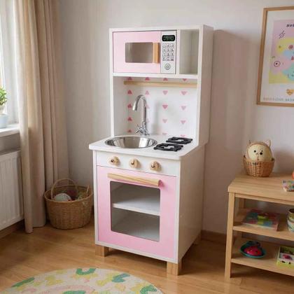 Imagem de Cozinha Infantil com Pia Fogão e Microondas Rosa Bebê Kit Livro Educativo
