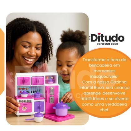 Imagem de Cozinha Infantil Mini Fogão Geladeira Armário Rosa Branca Panelinhas Utensílios Presente Menina 3 An