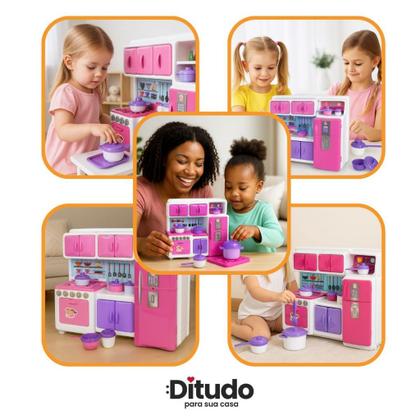 Imagem de Cozinha Infantil Mini Fogão Geladeira Armário Rosa Branca Panelinhas Utensílios Presente Menina 3 An