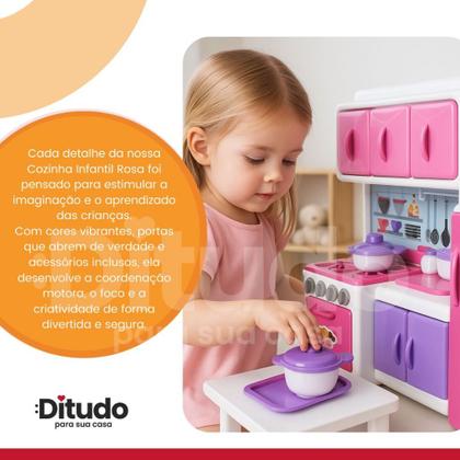 Imagem de Cozinha Infantil Mini Fogão Geladeira Armário Rosa Branca Panelinhas Utensílios Presente Menina 3 An