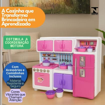 Imagem de Cozinha Infantil Mini Fogão Geladeira Armário Rosa Branca Panelinhas Utensílios Presente Menina 3 An