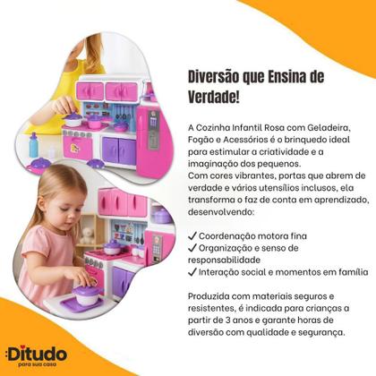 Imagem de Cozinha Infantil Mini Fogão Geladeira Armário Rosa Branca Panelinhas Utensílios Presente Menina 3 An