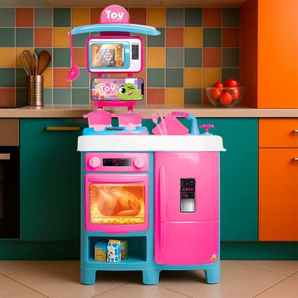 Imagem de Cozinha Infantil Rosa Bancada Completa Toy Chef Com Panelinha Sai Água Micro-ondas E Fogão