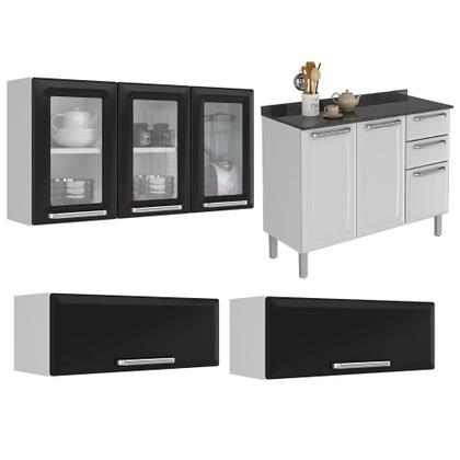 Imagem de Cozinha Itatiaia Luce com Armários Aéreos e Balcão 2 Gavetas 8 Portas 3 Vidros Branco / Preto