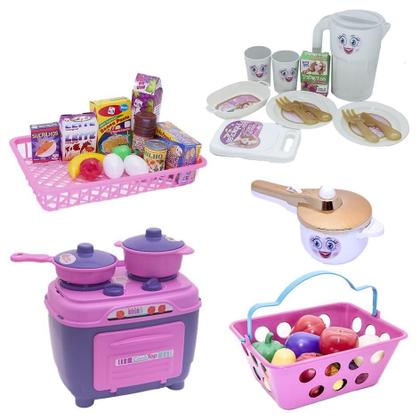 Imagem de Cozinha Menina Brinquedo Fogão Mercado Jogo Jantar Kit 42Pç