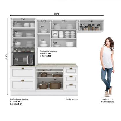Imagem de Cozinha Modulada 271,5cm Compacta 4 Peças com Torre Quente e Vidro 8 Portas 5 Gavetas Americana Henn - Branco Fosco/Calcare