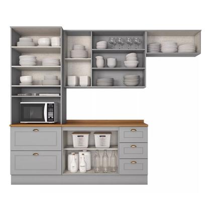 Imagem de Cozinha Modulada 271,5cm Compacta 4 Peças com Torre Quente e Vidro 8 Portas 5 Gavetas Americana Henn - Cinza/Nature