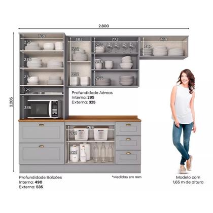 Imagem de Cozinha Modulada 271,5cm Compacta 4 Peças com Torre Quente e Vidro 8 Portas 5 Gavetas Americana Henn - Cinza/Nature