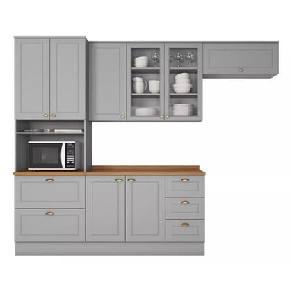 Imagem de Cozinha Modulada 271,5cm Compacta 4 Peças com Torre Quente e Vidro 8 Portas 5 Gavetas Americana Henn - Cinza/Nature