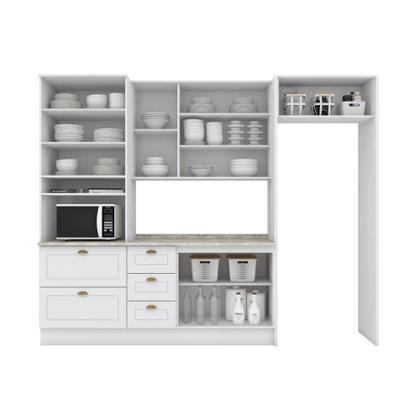 Imagem de Cozinha Modulada 276,5m 8 Portas 5 Gavetas com Torre de Geladeira Americana Henn - Branco/Calcare