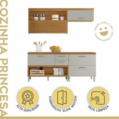 Imagem de Cozinha Modulada 3 Peças Ripado Princesa 100% MDF Marrom/Freijó/Offwhite
