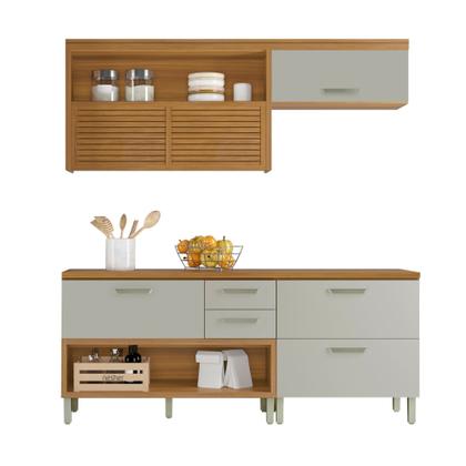 Imagem de Cozinha Modulada 3 Peças Ripado Princesa 100% MDF Marrom/Freijó/Offwhite